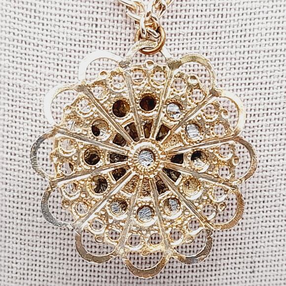Vintage AB Rhinestone Filigree Pendant Necklace Gold Tone 18 Inch Chain - Picture 5 of 9